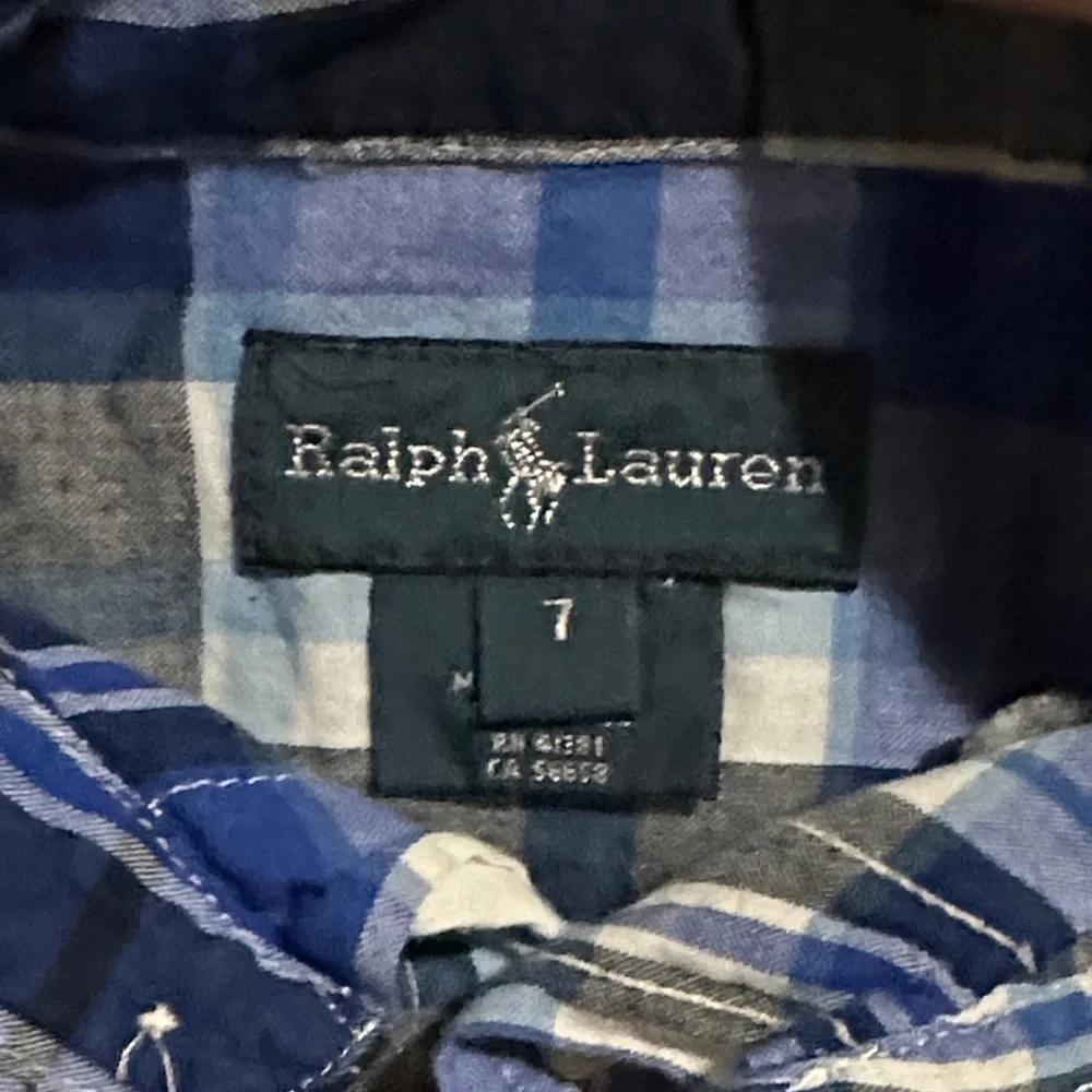 blue gray white plaid Ralph Lauren short sleeve button down shirt size 7